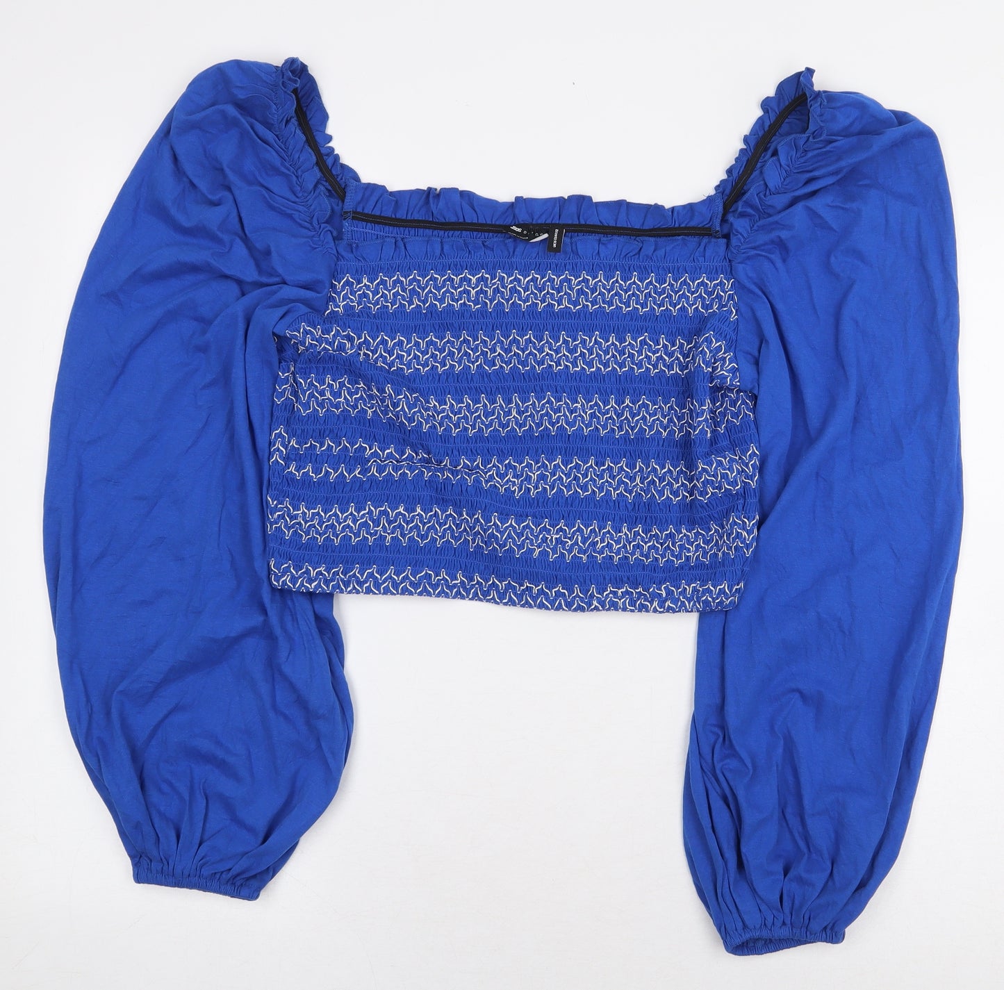 ASOS Womens Blue Geometric Cotton Cropped Blouse Size 16 Square Neck - Balloon Sleeves