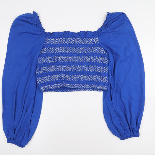 ASOS Womens Blue Geometric Cotton Cropped Blouse Size 16 Square Neck - Balloon Sleeves