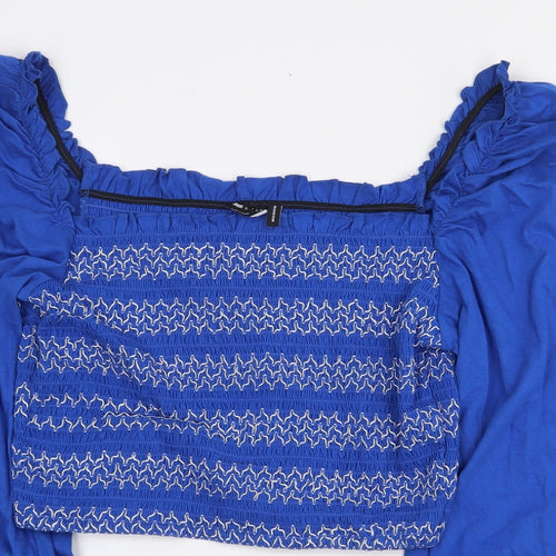 ASOS Womens Blue Geometric Cotton Cropped Blouse Size 16 Square Neck - Balloon Sleeves