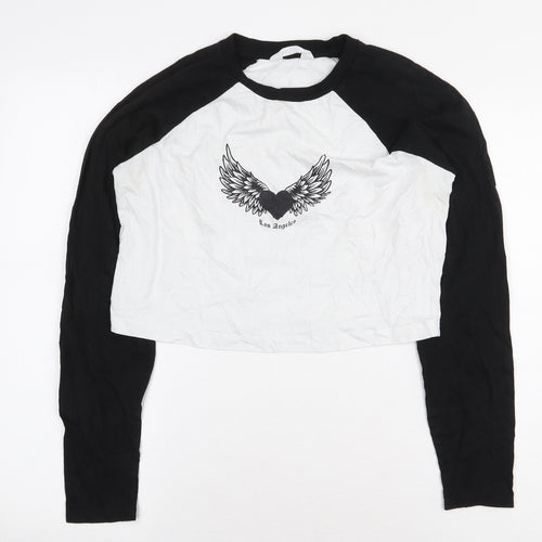 Primark Womens White Colourblock 100% Cotton Cropped T-Shirt Size S Round Neck - Los Angeles