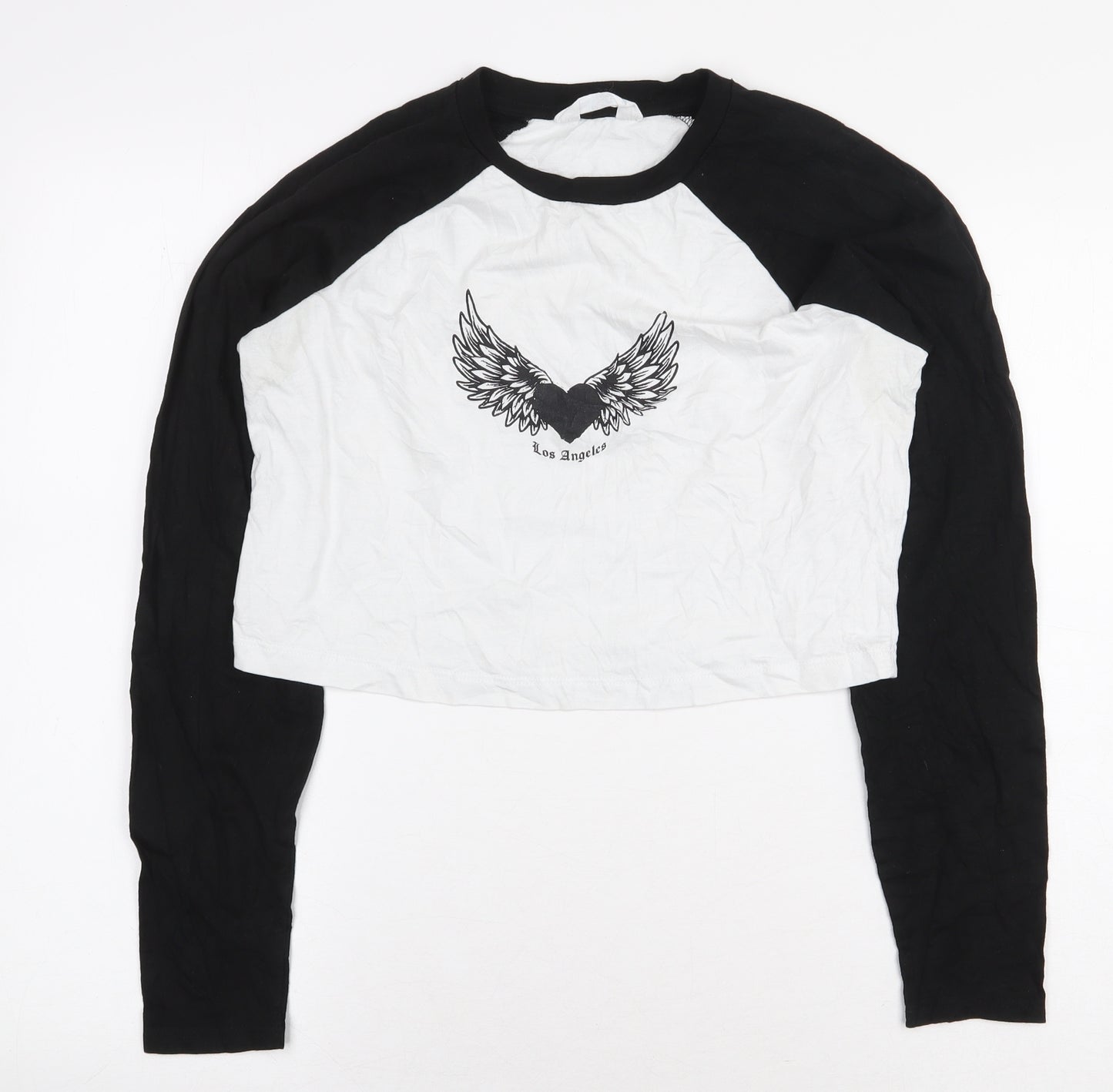 Primark Womens White Colourblock 100% Cotton Cropped T-Shirt Size S Round Neck - Los Angeles