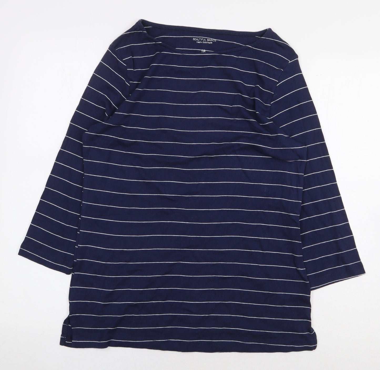 Peacocks Womens Blue Striped 100% Cotton Basic T-Shirt Size 18 Boat Neck