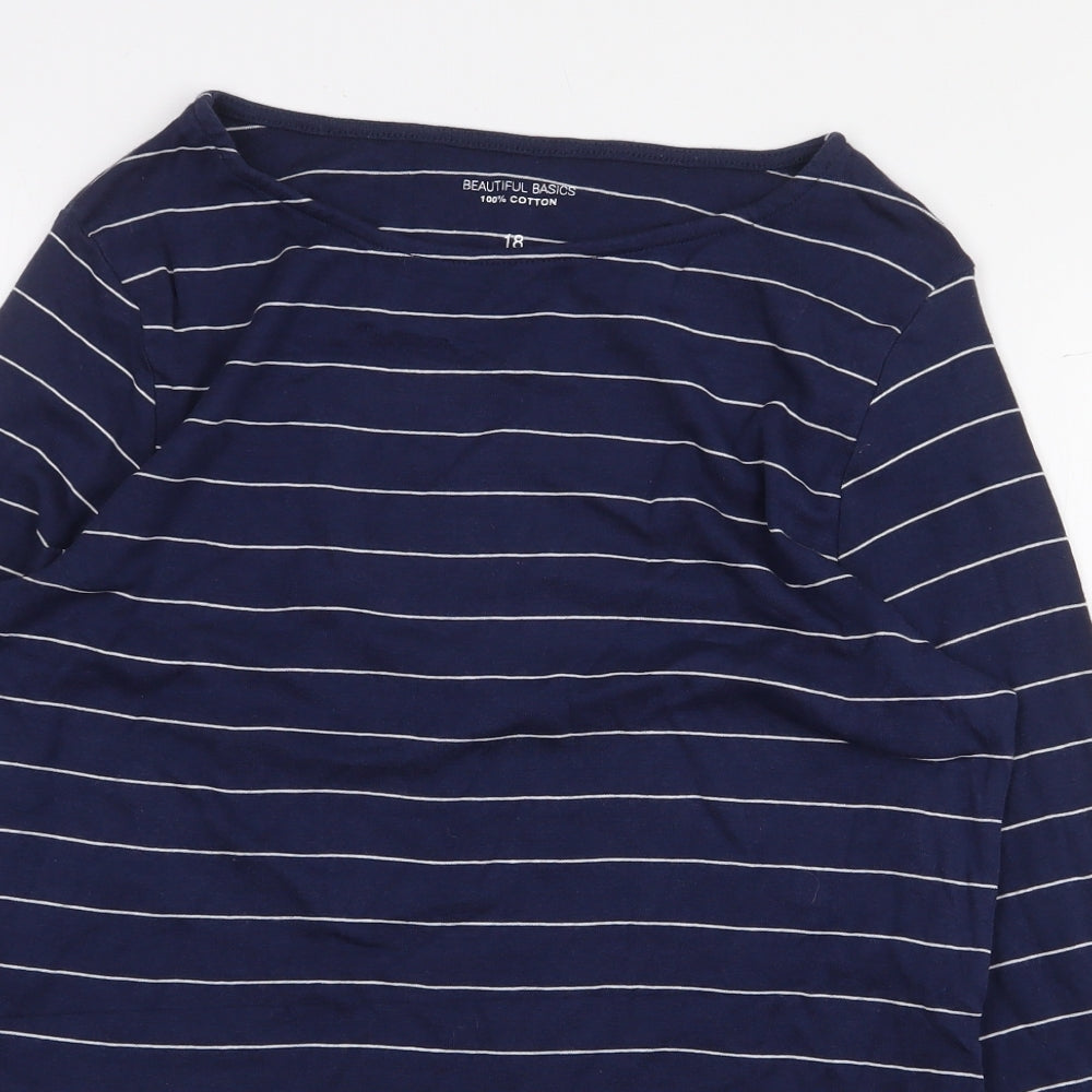 Peacocks Womens Blue Striped 100% Cotton Basic T-Shirt Size 18 Boat Neck