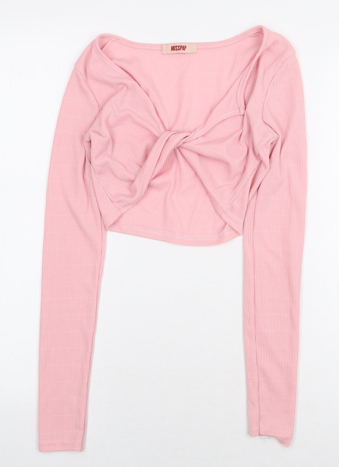 Misspap Womens Pink Polyester Cropped T-Shirt Size 10 V-Neck - Tie Front