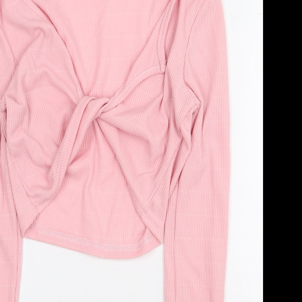 Misspap Womens Pink Polyester Cropped T-Shirt Size 10 V-Neck - Tie Front