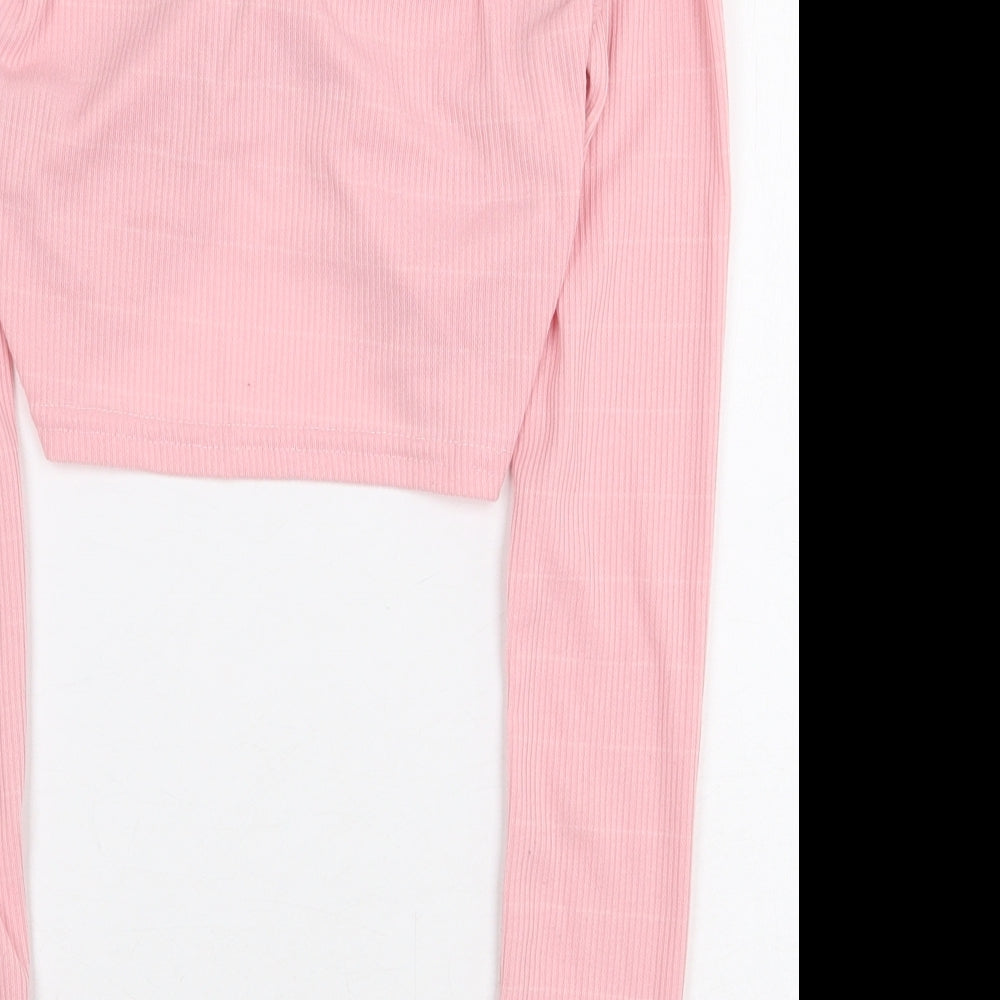 Misspap Womens Pink Polyester Cropped T-Shirt Size 10 V-Neck - Tie Front