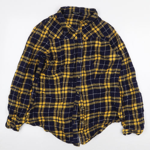 Select Womens Yellow Plaid 100% Cotton Basic Button-Up Size 14 Collared - Flannel Shirt