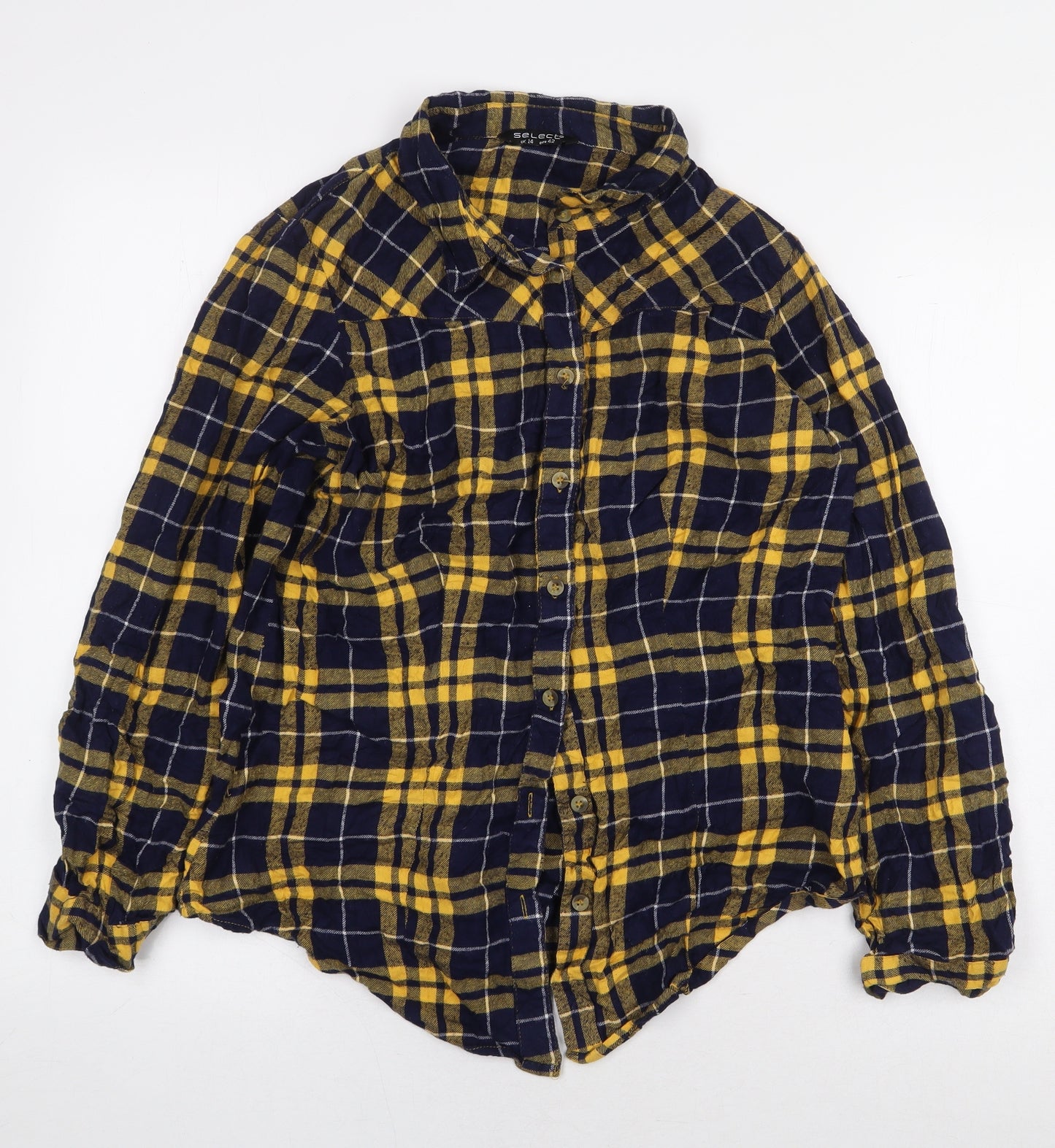 Select Womens Yellow Plaid 100% Cotton Basic Button-Up Size 14 Collared - Flannel Shirt