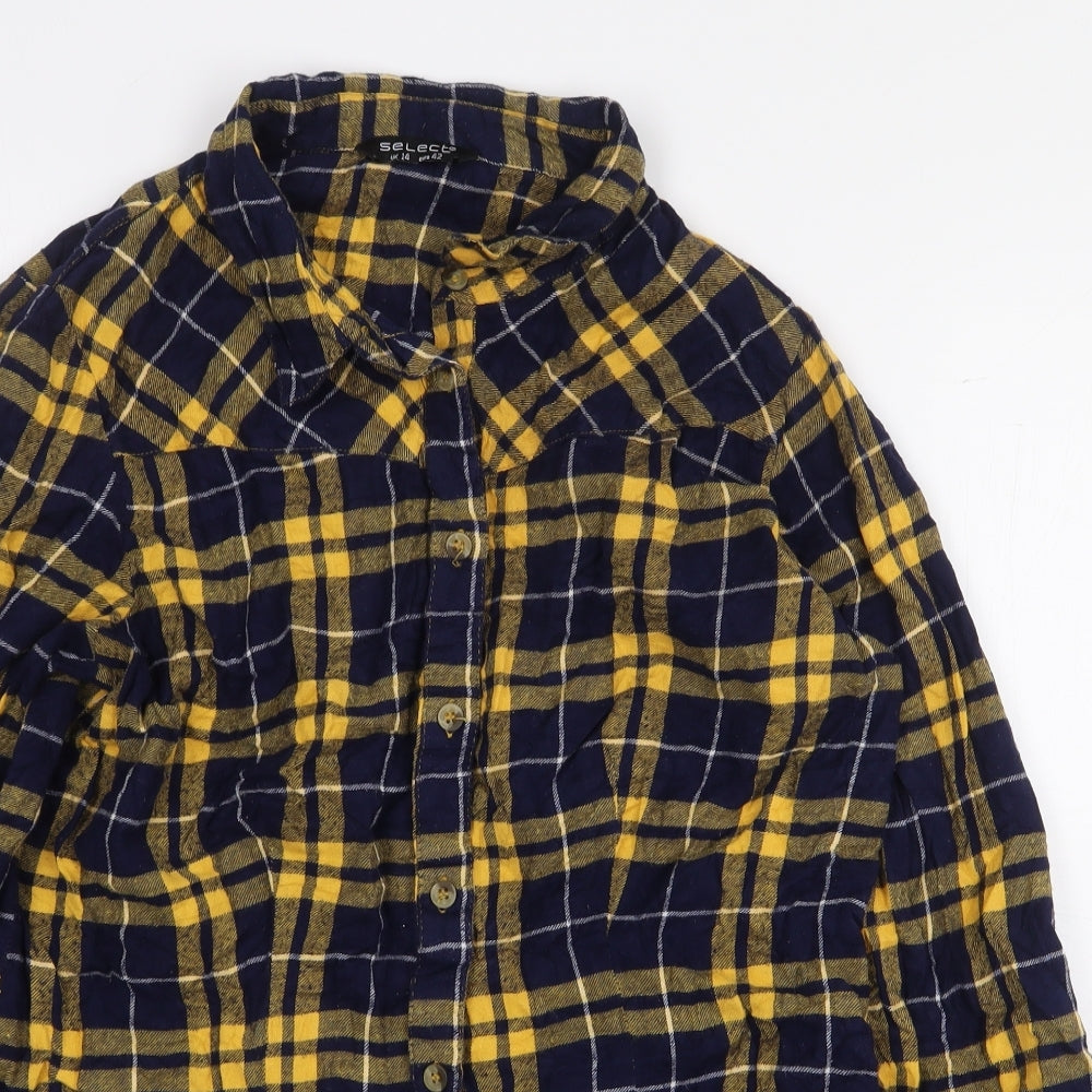 Select Womens Yellow Plaid 100% Cotton Basic Button-Up Size 14 Collared - Flannel Shirt