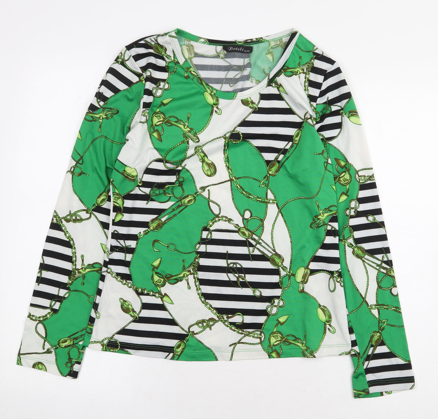 Boteli Womens Green Geometric Polyester Basic Blouse Size XL Boat Neck