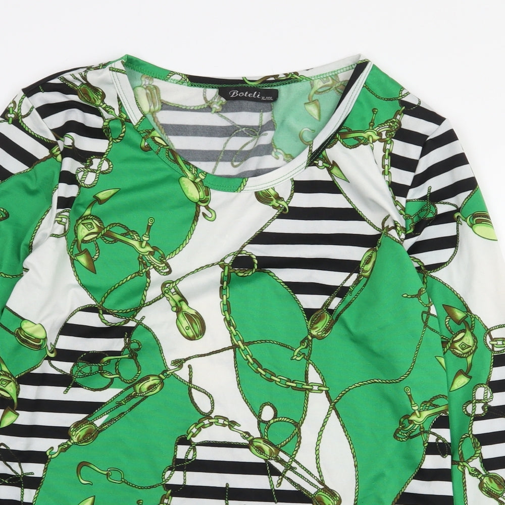 Boteli Womens Green Geometric Polyester Basic Blouse Size XL Boat Neck