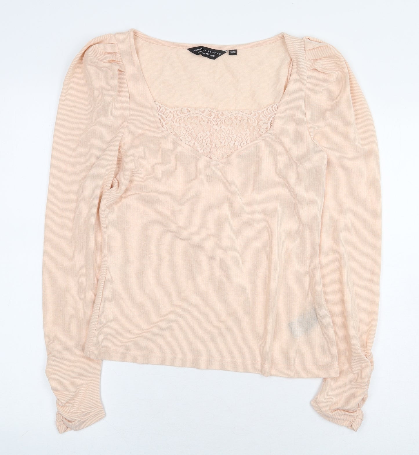 Dorothy Perkins Womens Pink Polyester Basic T-Shirt Size 10 V-Neck - Ribbed Lace Trim