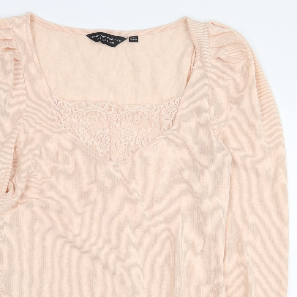 Dorothy Perkins Womens Pink Polyester Basic T-Shirt Size 10 V-Neck - Ribbed Lace Trim