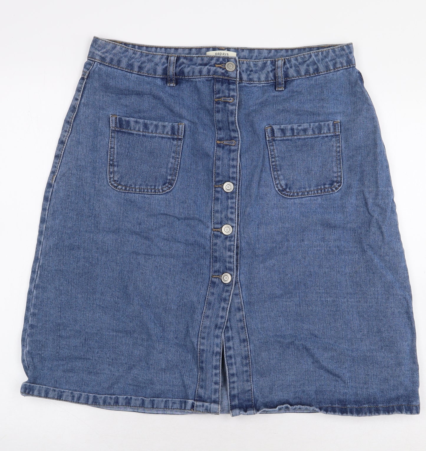 Papaya Womens Blue Cotton A-Line Skirt Size 14 Button