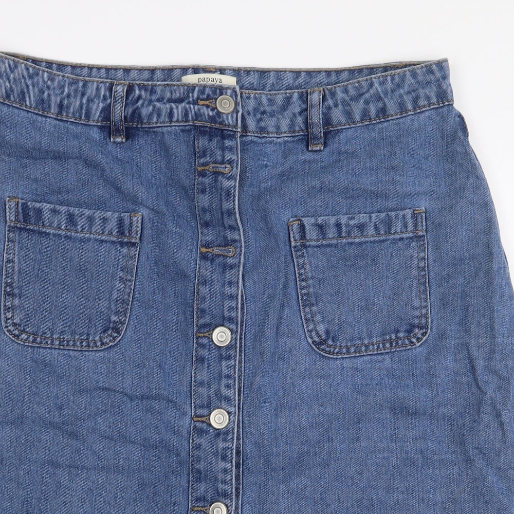 Papaya Womens Blue Cotton A-Line Skirt Size 14 Button