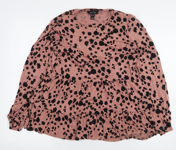 New Look Womens Pink Animal Print Viscose Basic Blouse Size 10 Round Neck