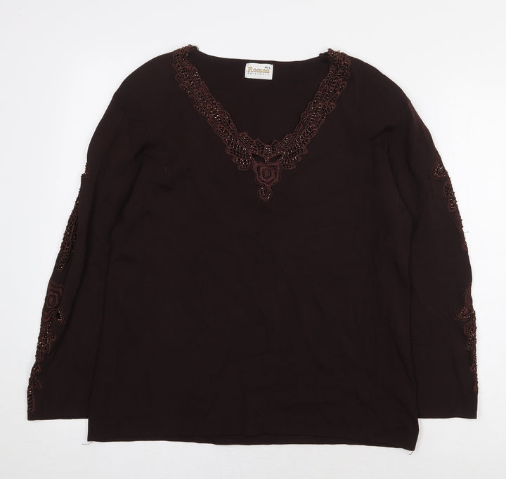 Roman Originals Womens Brown Viscose Basic Blouse Size M V-Neck - Embroidered Detail