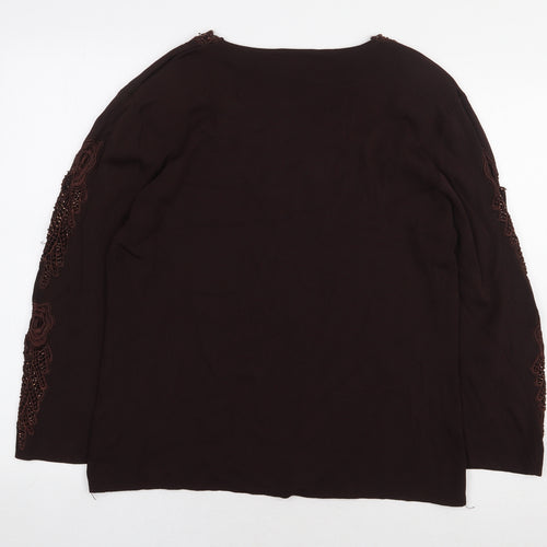 Roman Originals Womens Brown Viscose Basic Blouse Size M V-Neck - Embroidered Detail