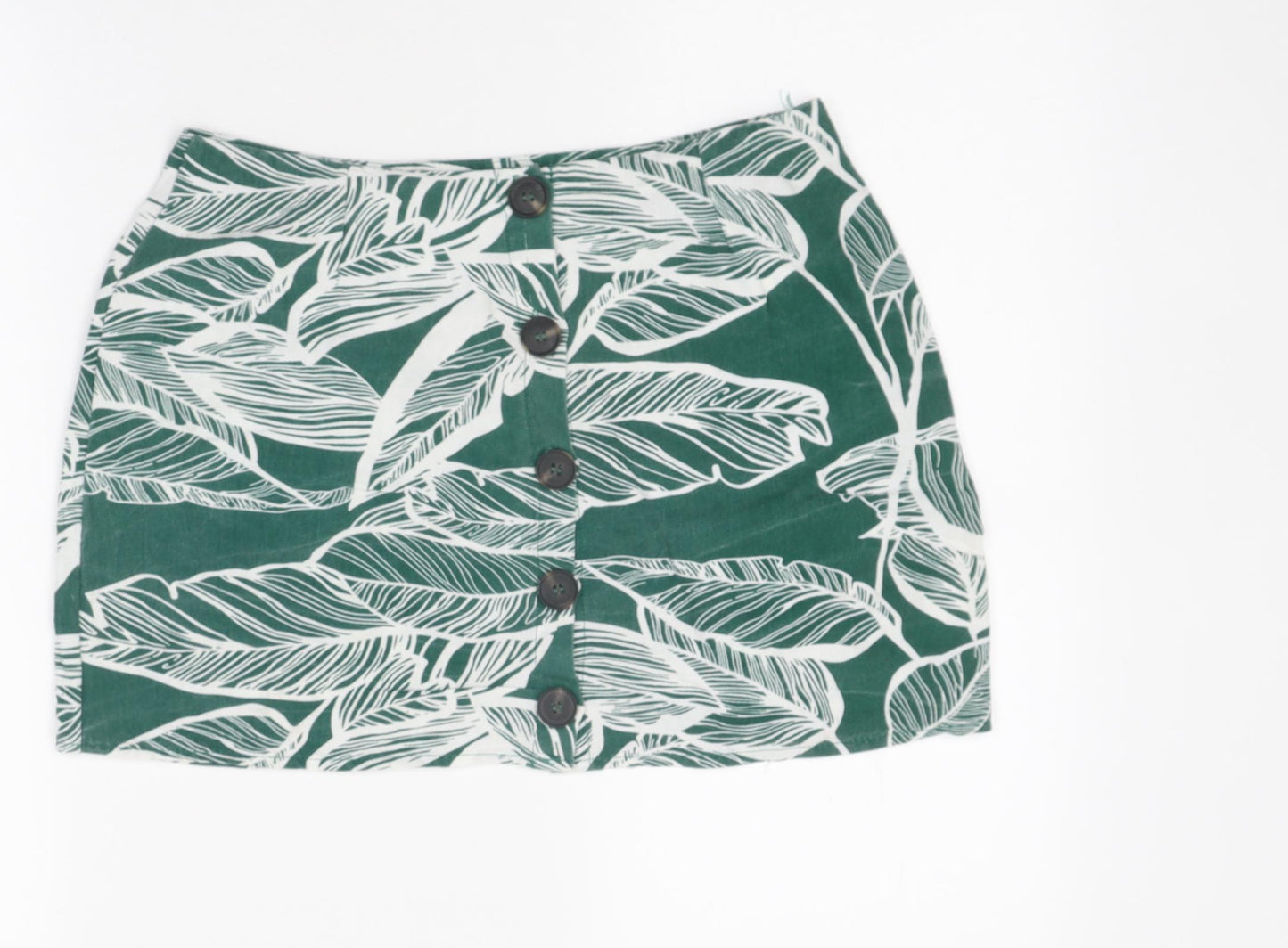 Preworn Womens Green Floral Polyester Mini Skirt Size M Button