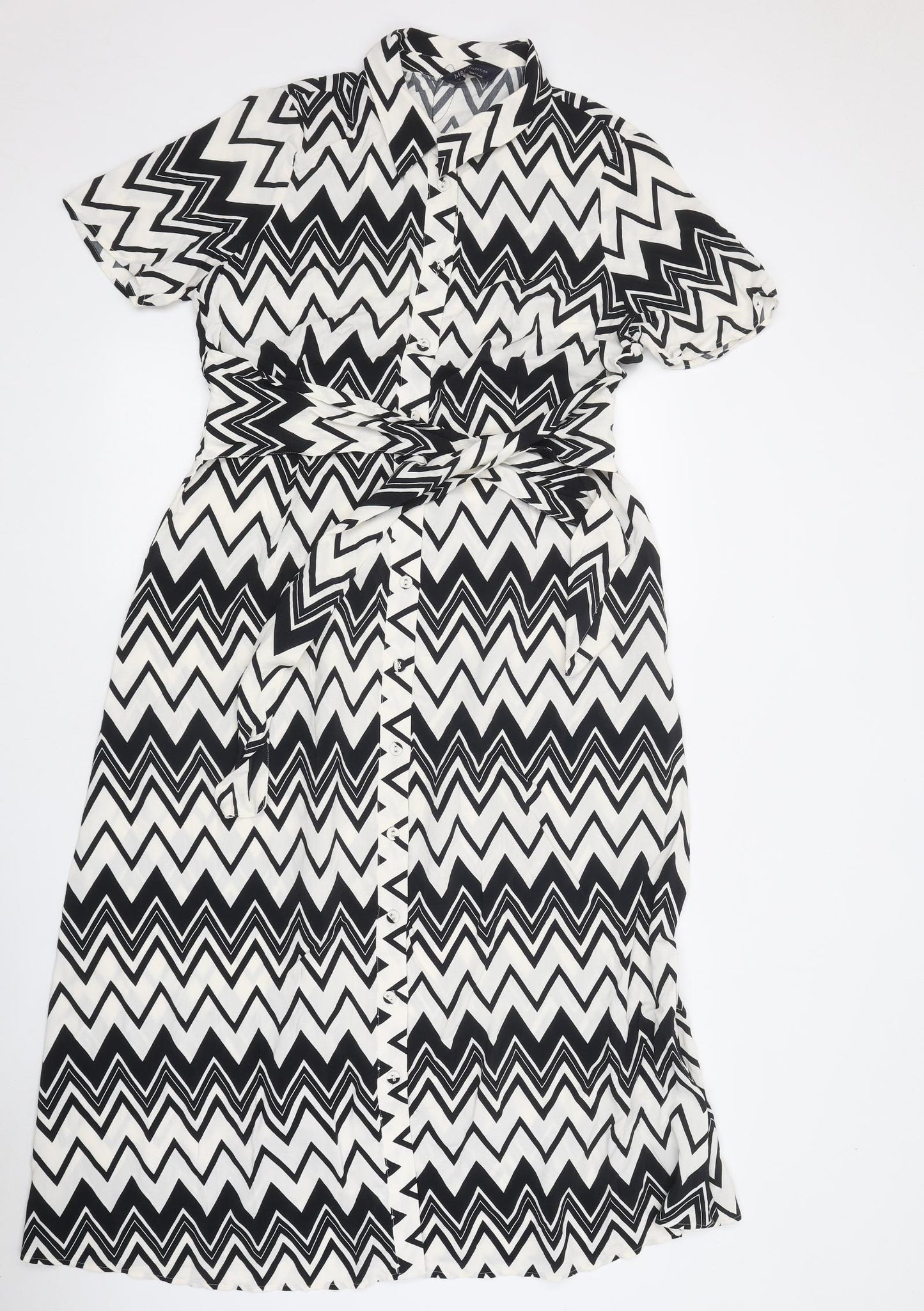 Marks and Spencer Womens Black Geometric Polyester Shirt Dress Size 12 Collared Button