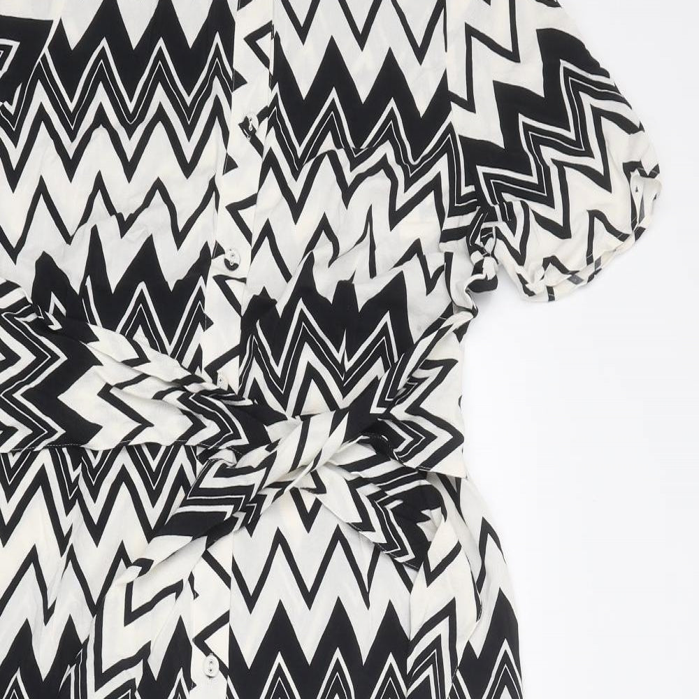 Marks and Spencer Womens Black Geometric Polyester Shirt Dress Size 12 Collared Button