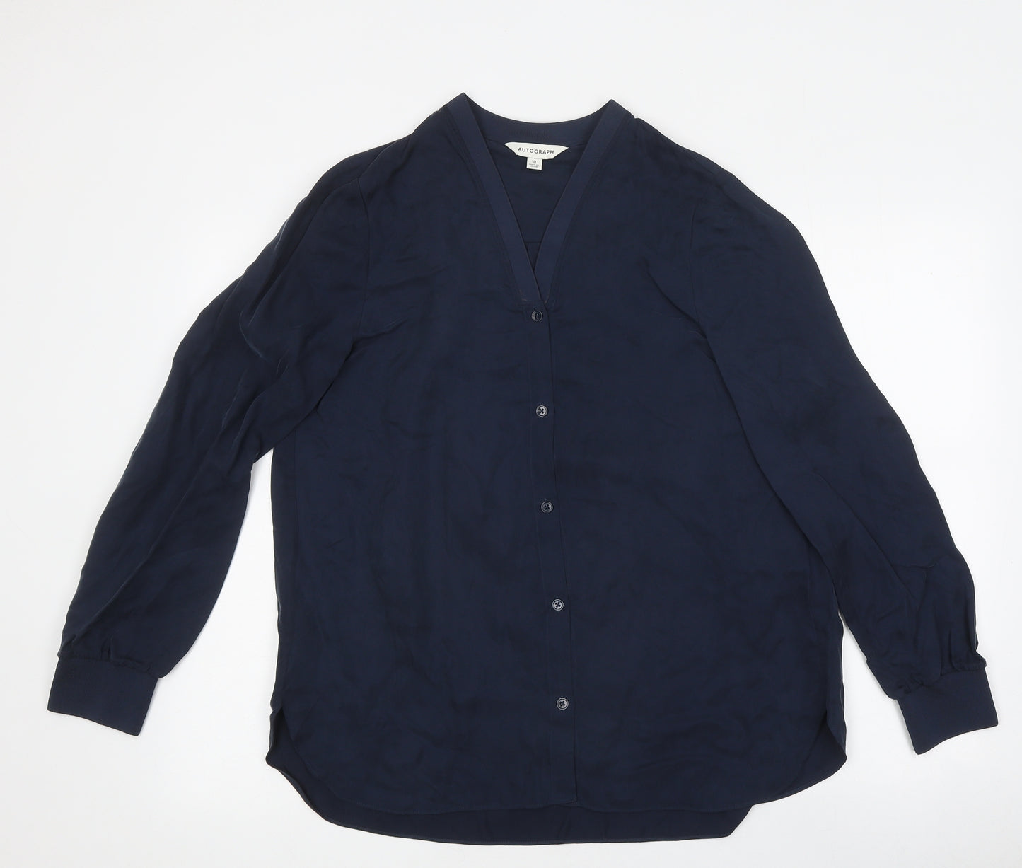 Autograph Womens Blue 100% Cotton Basic Button-Up Size 10 V-Neck