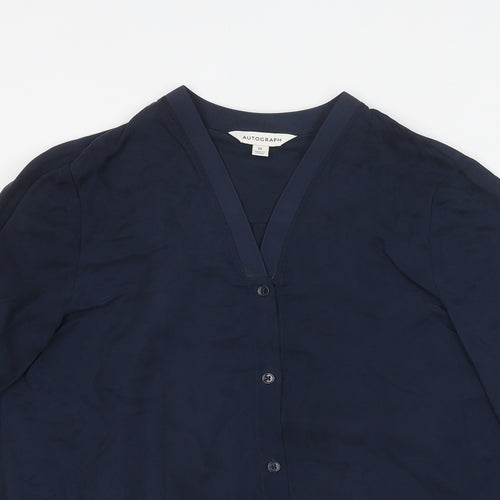 Autograph Womens Blue 100% Cotton Basic Button-Up Size 10 V-Neck