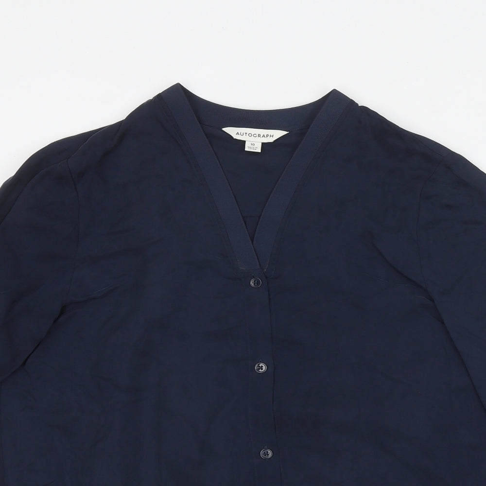 Autograph Womens Blue 100% Cotton Basic Button-Up Size 10 V-Neck