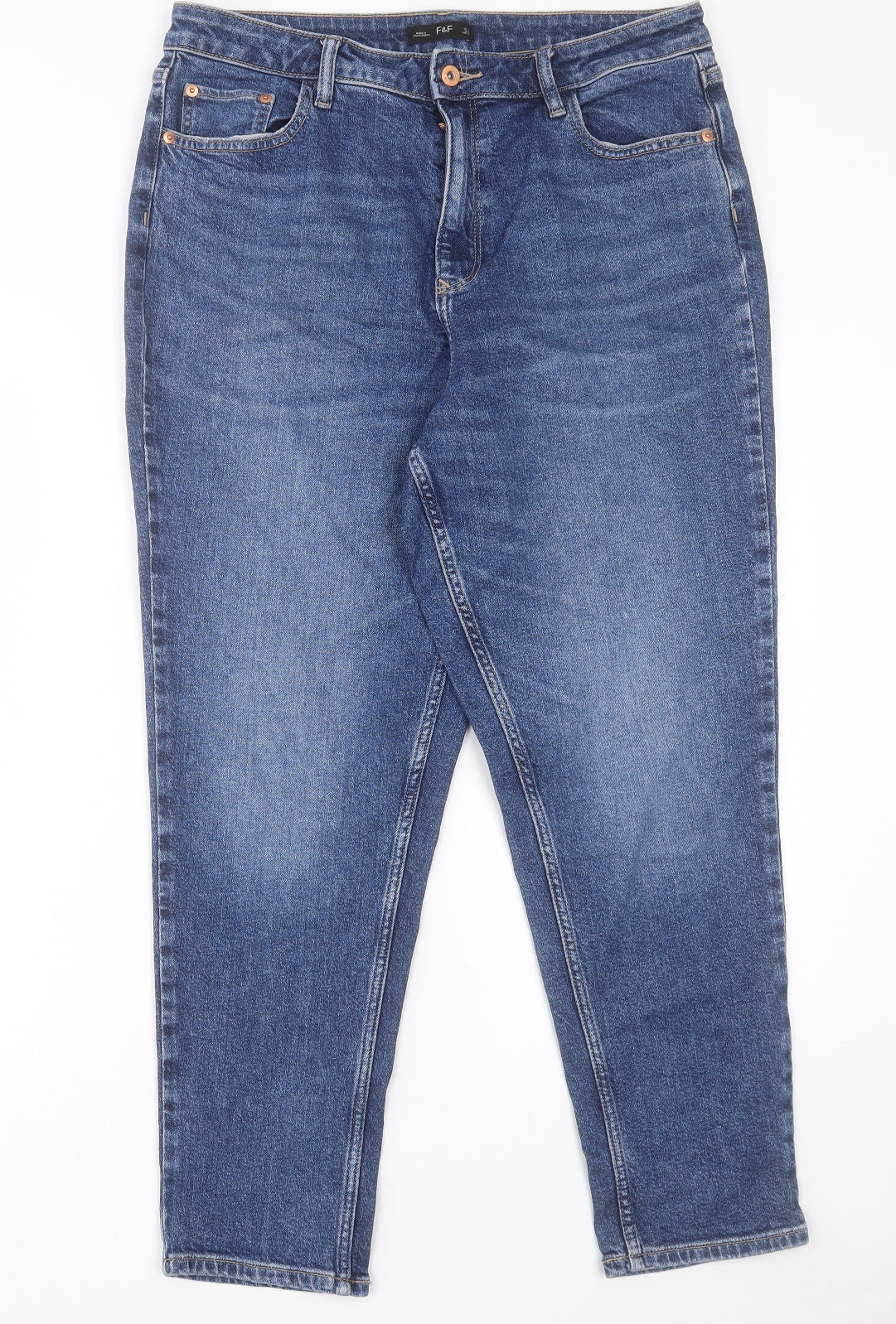 F&F Womens Blue Cotton Boyfriend Jeans Size 14 L28 in Regular Button