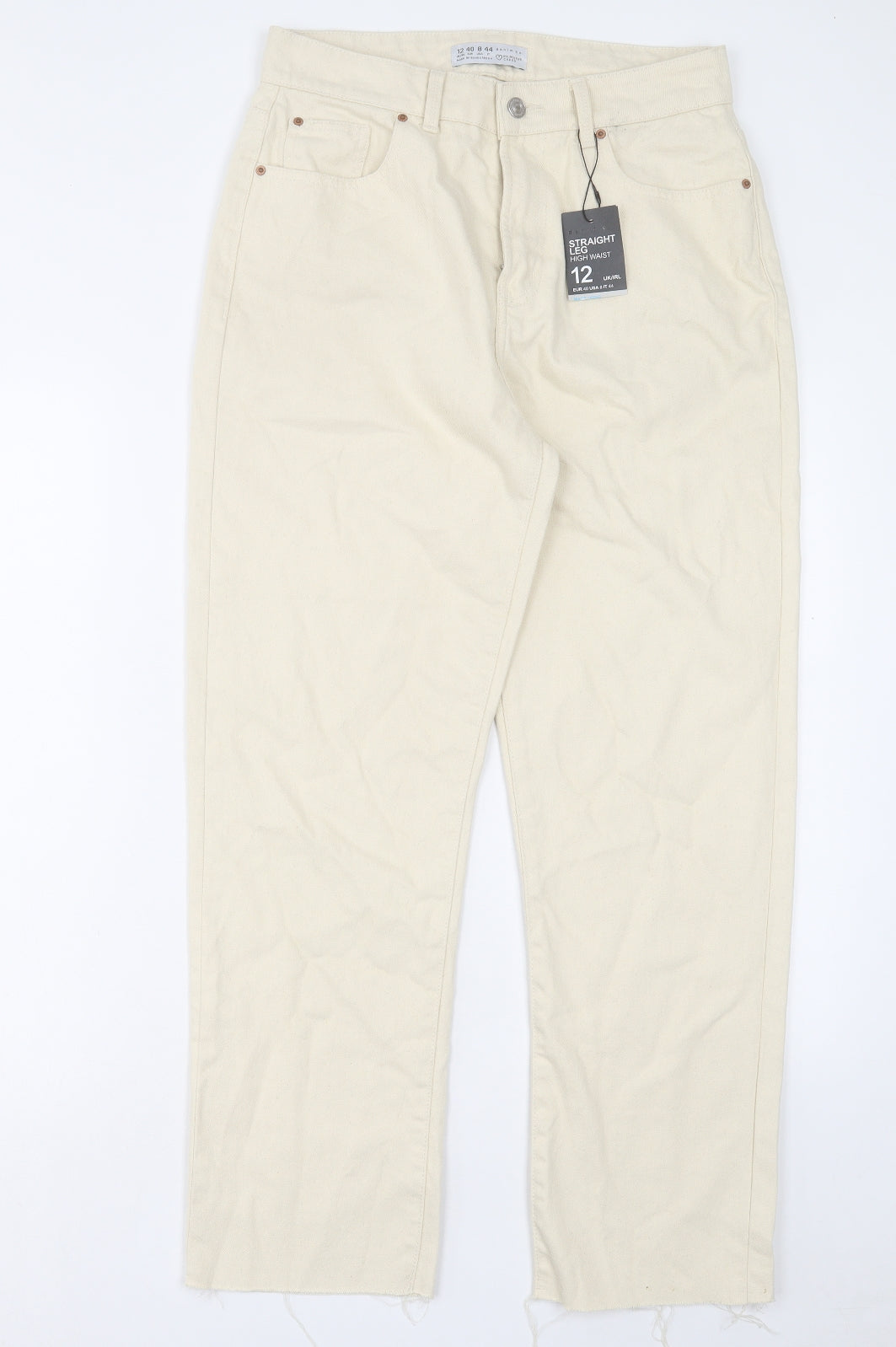 Denim & Co. Womens Ivory Cotton Straight Jeans Size 12 L28 in Regular Button