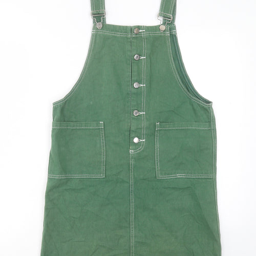 Sleepy Bunny Womens Green Cotton Pinafore/Dungaree Dress Size M Square Neck Button