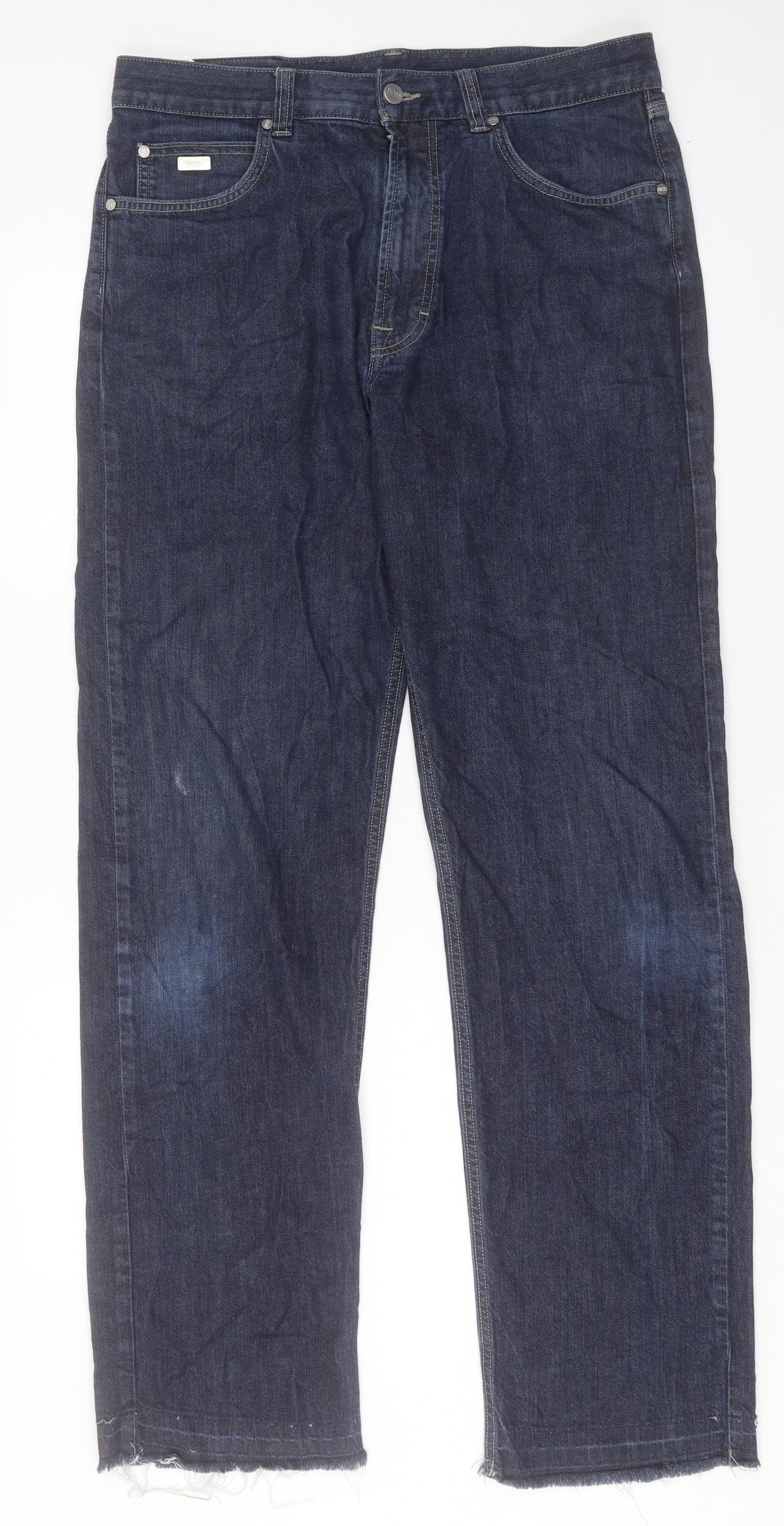 HUGO BOSS Mens Blue Cotton Straight Jeans Size 36 in L34 in Regular Button - Long Leg