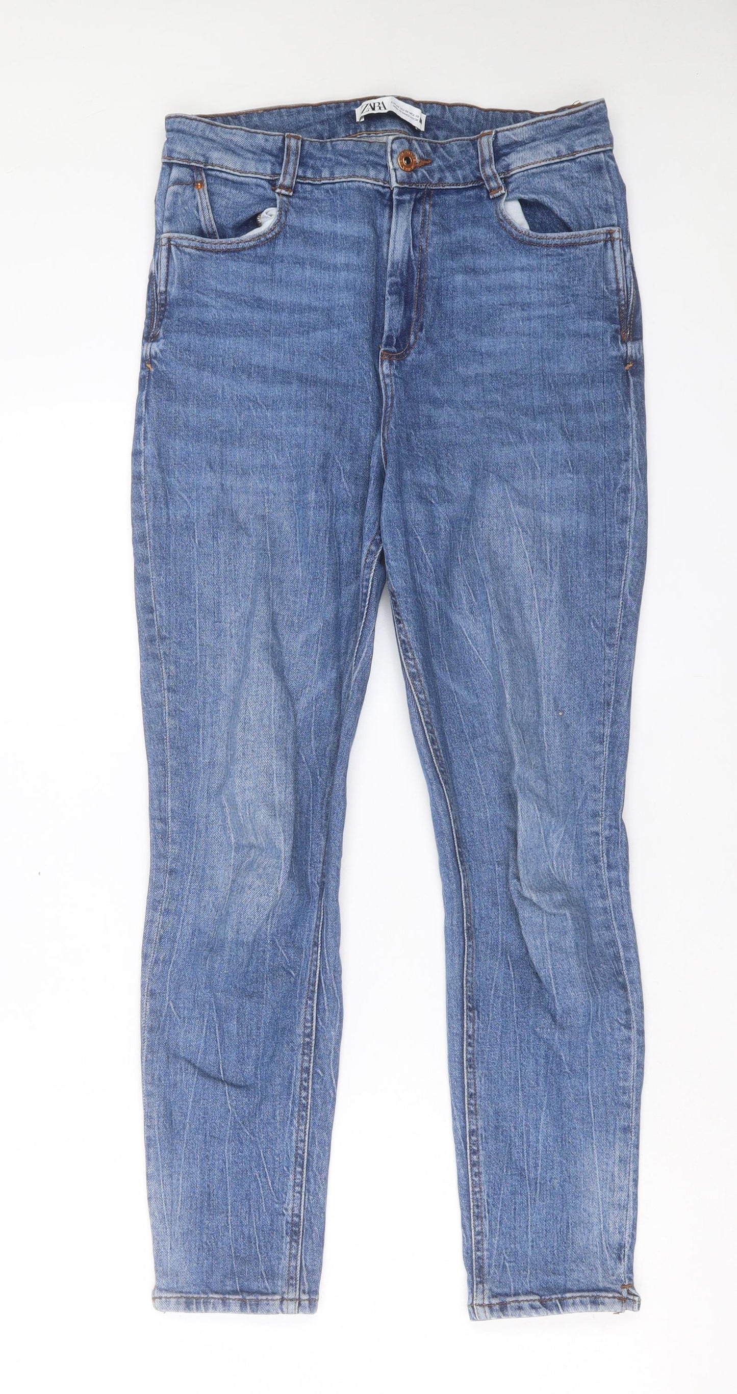 Zara Womens Blue Cotton Straight Jeans Size 12 L28 in Regular Button