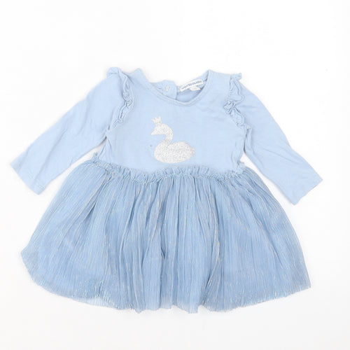 Vertbaudet Girls Blue Cotton A-Line Size 12 Months Crew Neck Button