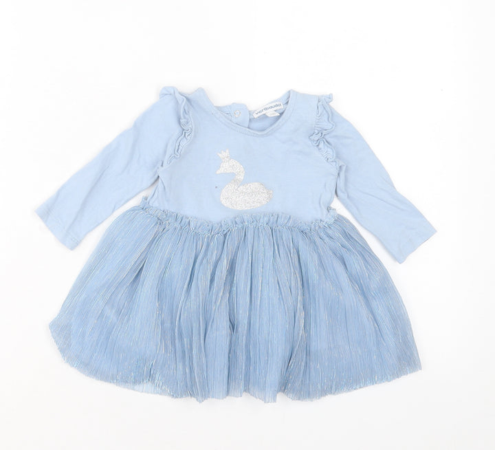 Vertbaudet Girls Blue Cotton A-Line Size 12 Months Crew Neck Button
