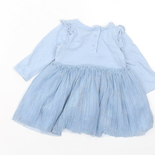 Vertbaudet Girls Blue Cotton A-Line Size 12 Months Crew Neck Button