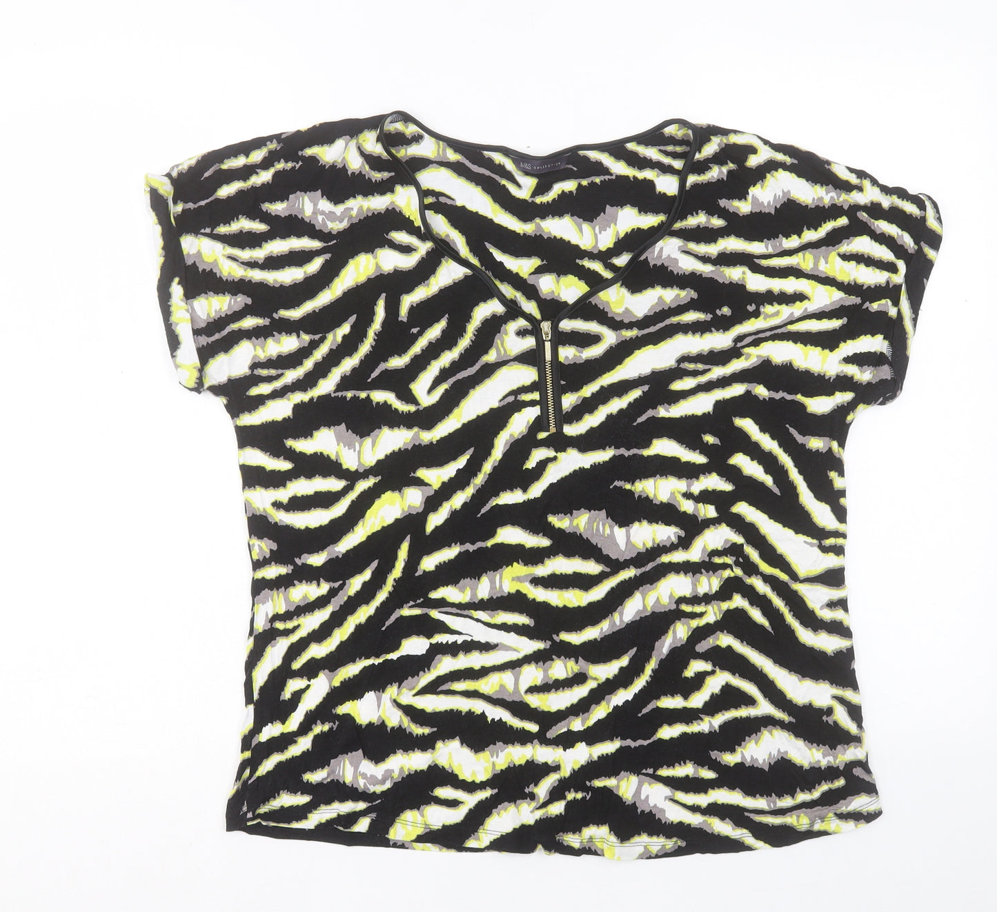 Marks and Spencer Womens Green Animal Print Viscose Basic T-Shirt Size 14 V-Neck