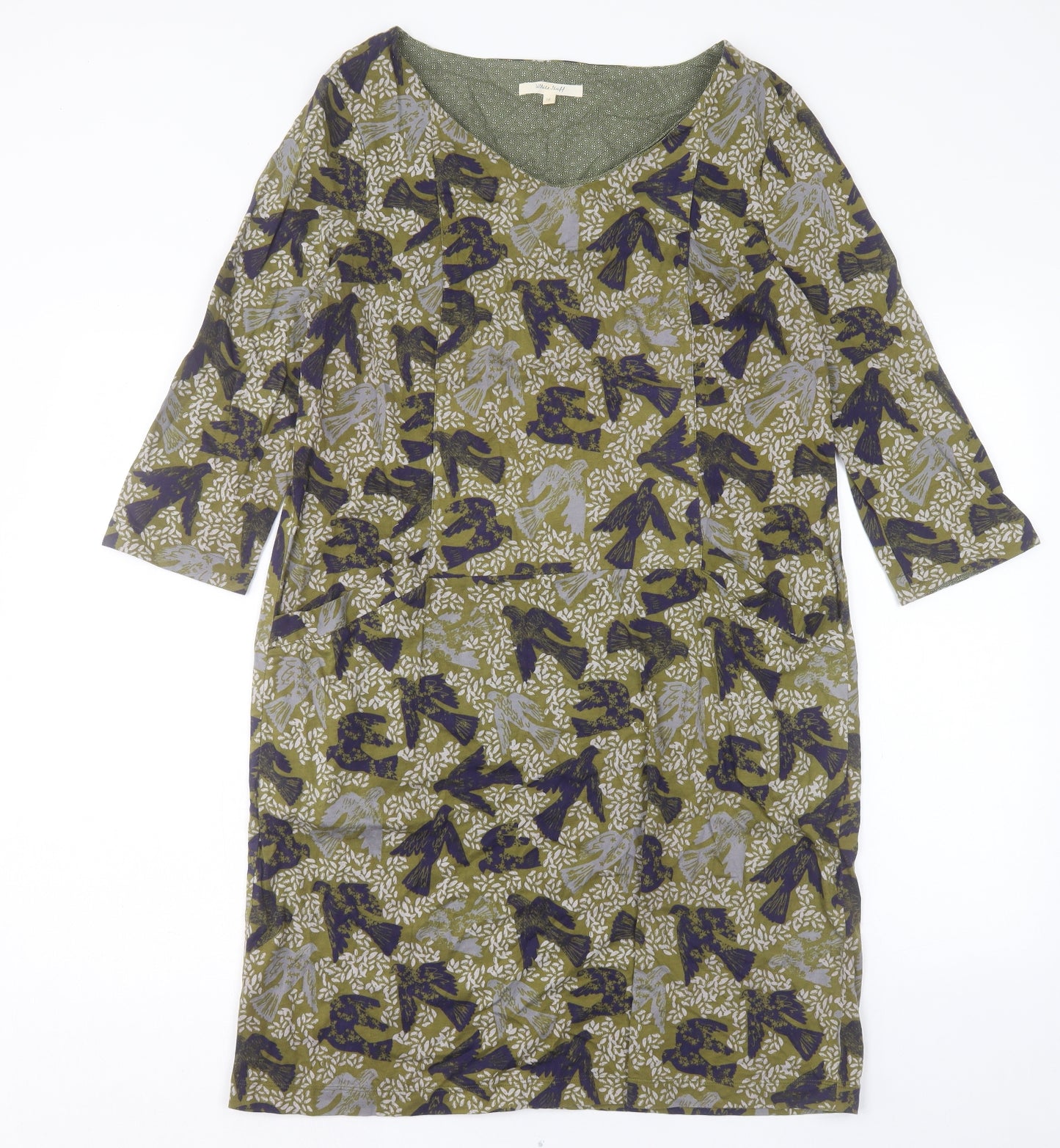 White Stuff Womens Green Floral Cotton Sheath Size 16 V-Neck Pullover