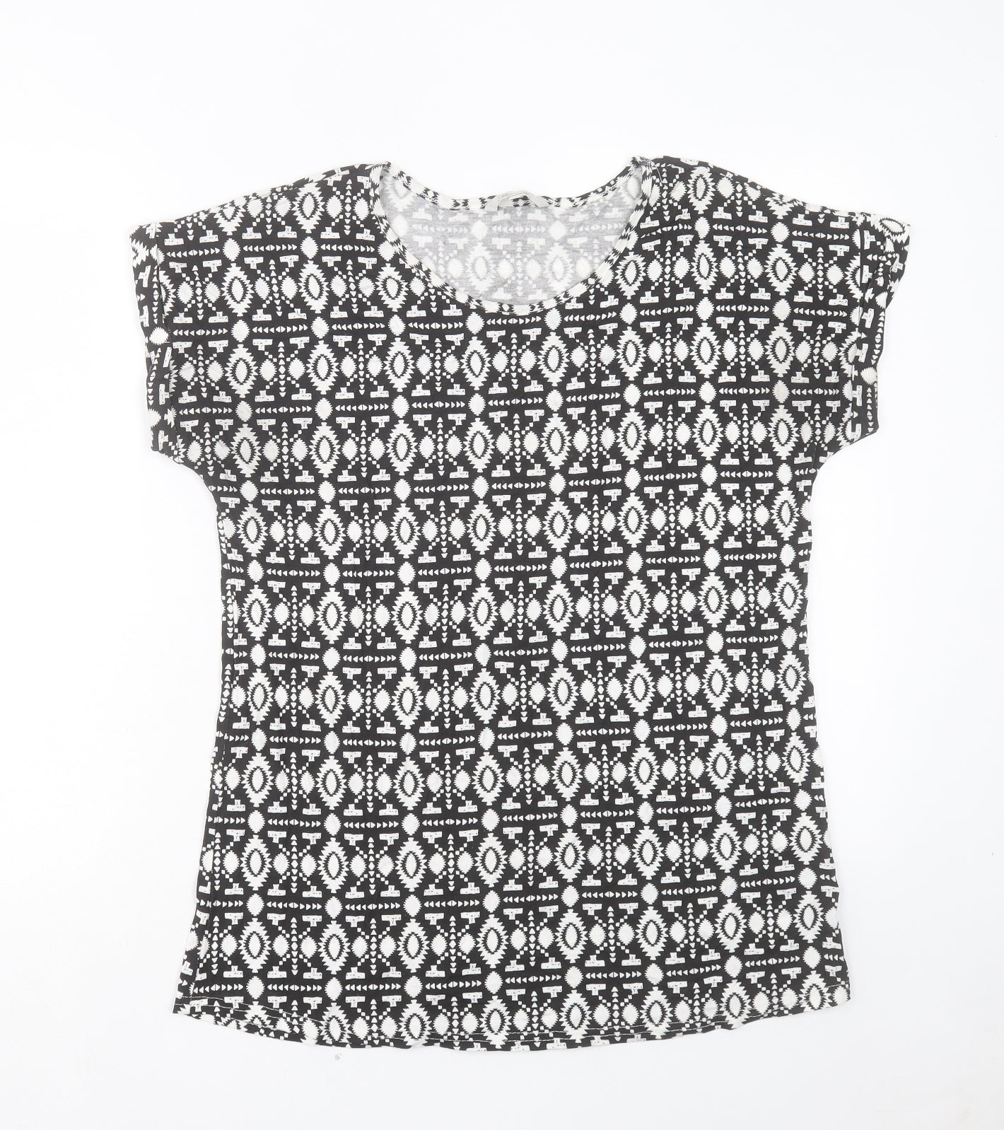 Peacocks Womens Beige Geometric Viscose Basic T-Shirt Size 14 Crew Neck