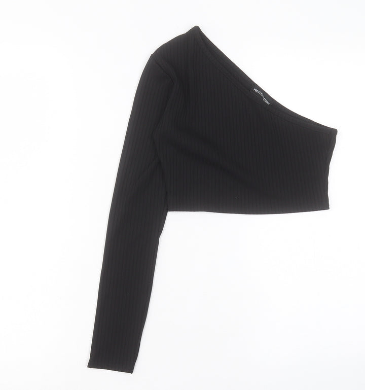 PRETTYLITTLETHING Womens Black Polyester Cropped T-Shirt Size 8 One Shoulder