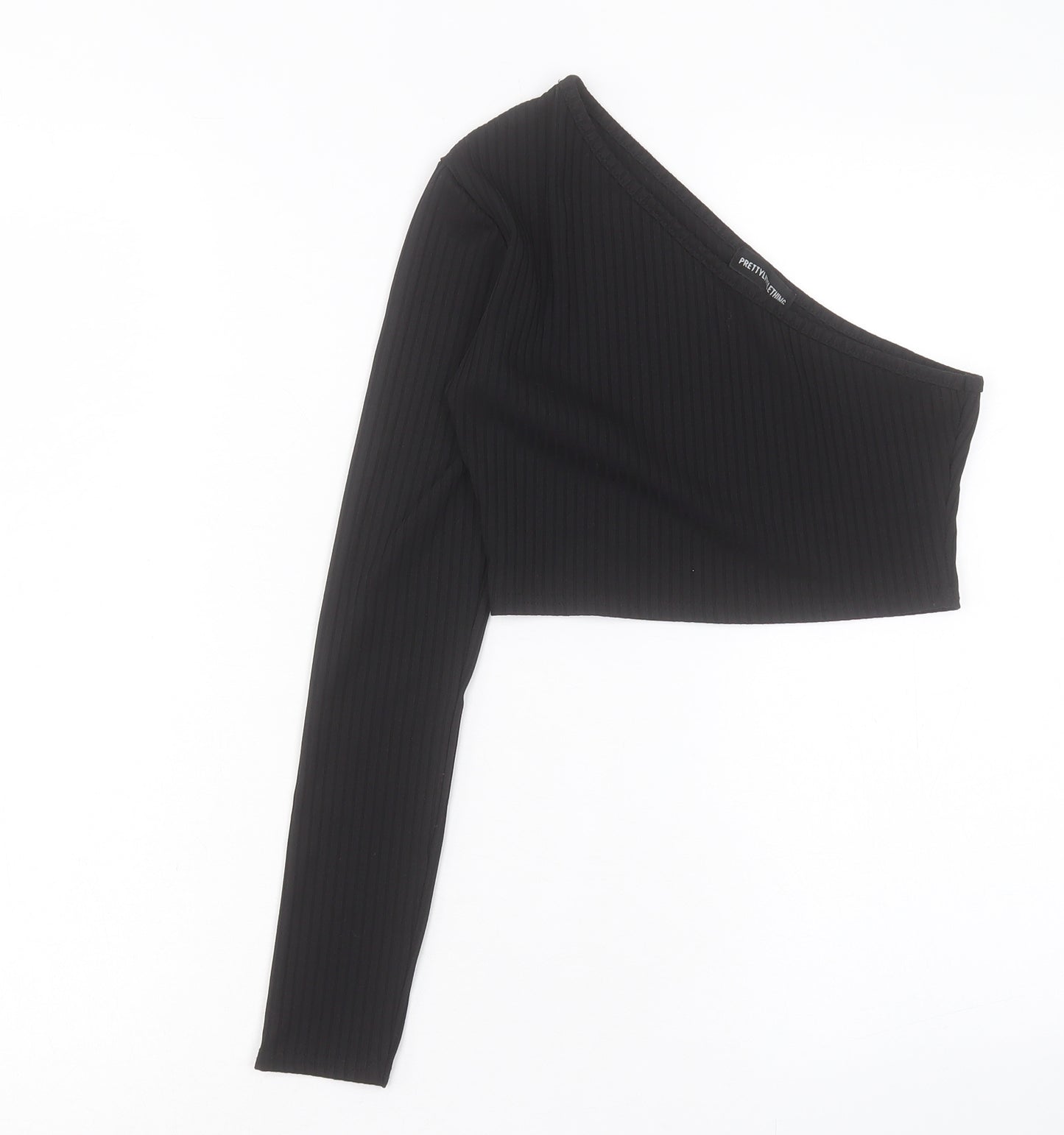 PRETTYLITTLETHING Womens Black Polyester Cropped T-Shirt Size 8 One Shoulder