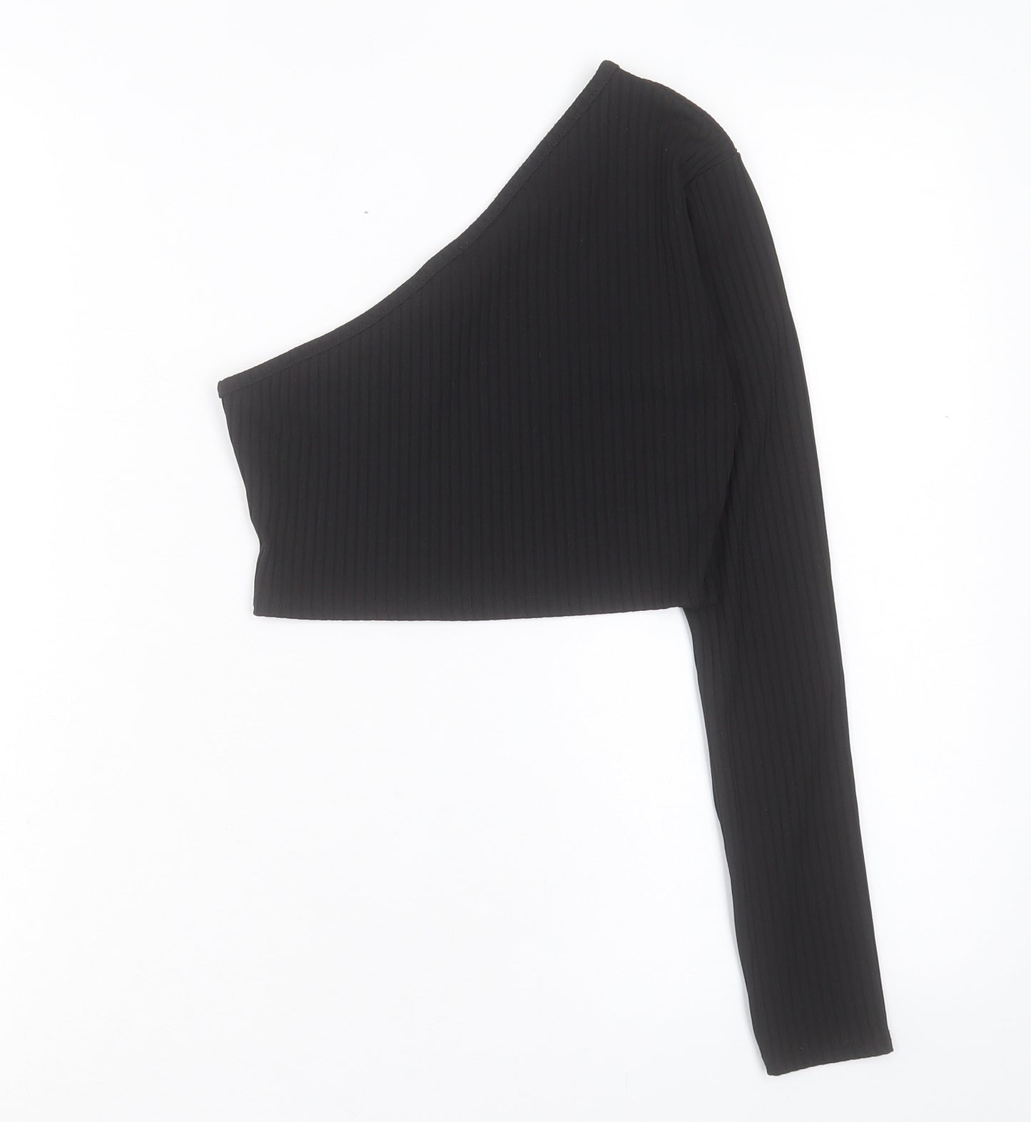 PRETTYLITTLETHING Womens Black Polyester Cropped T-Shirt Size 8 One Shoulder