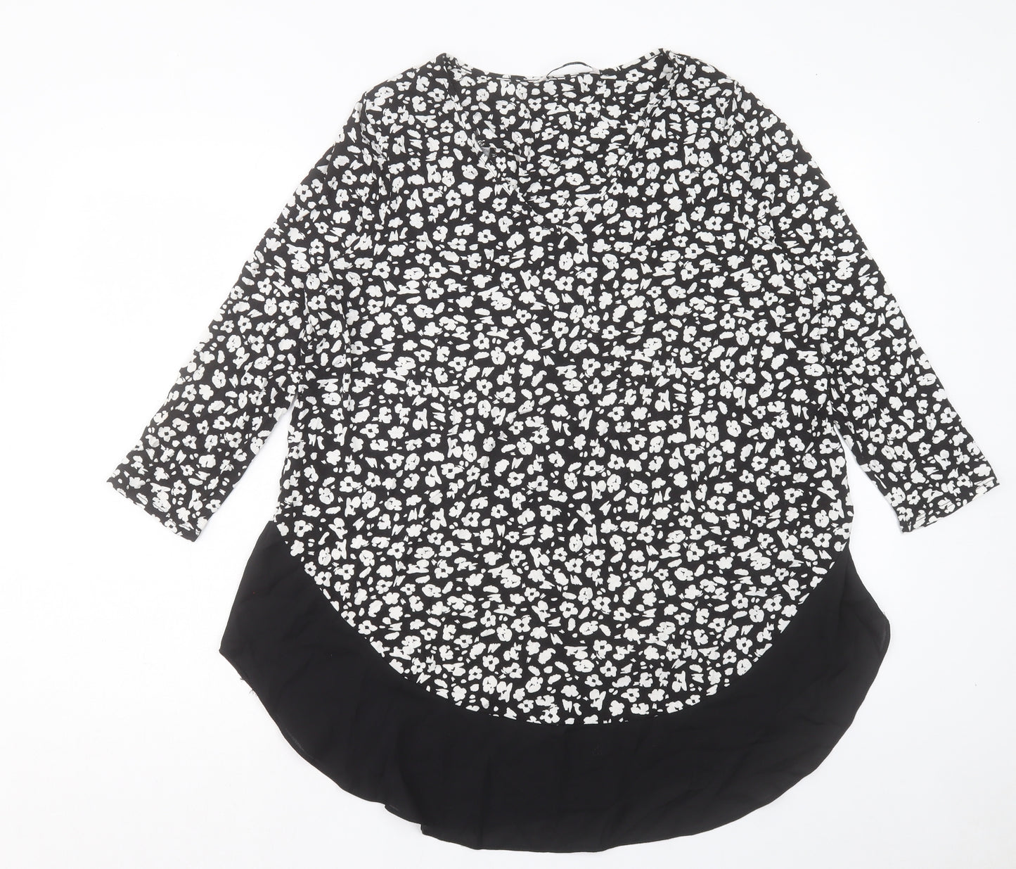 TU Womens Black Floral Viscose Basic T-Shirt Size 16 V-Neck