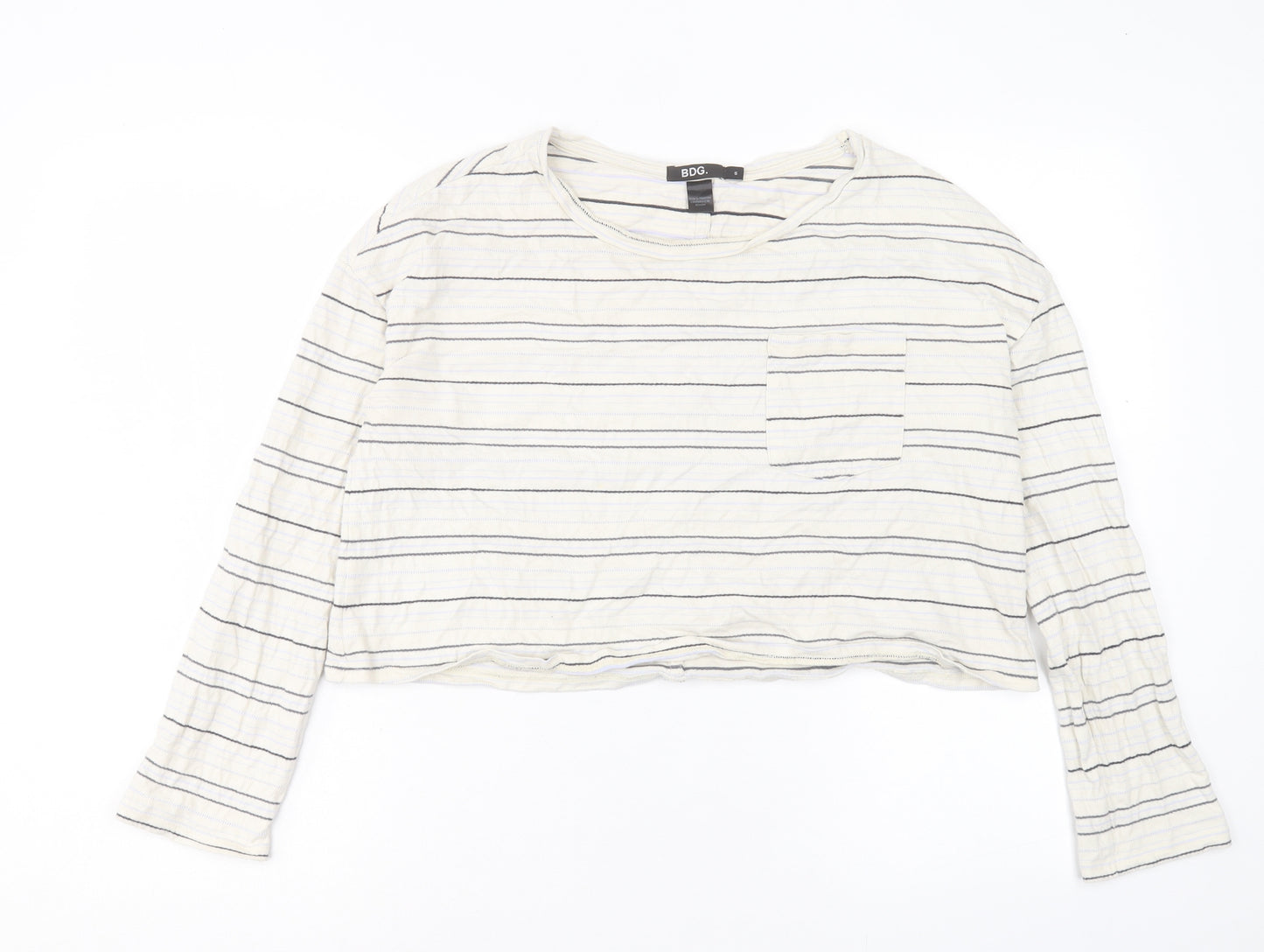 BDG Womens Ivory Striped Cotton Cropped T-Shirt Size S Crew Neck - Pocket Detail