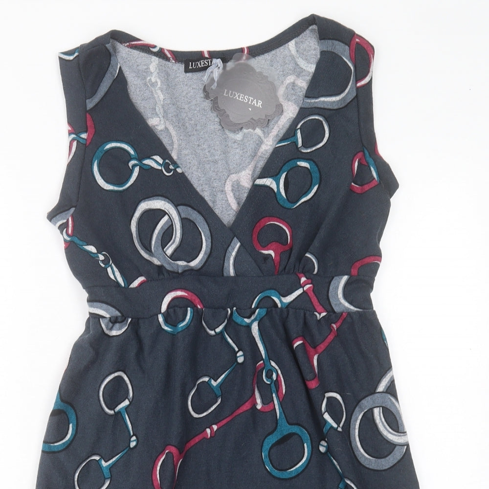 LUXESTAR Womens Grey Geometric Polyester A-Line Size L V-Neck Pullover