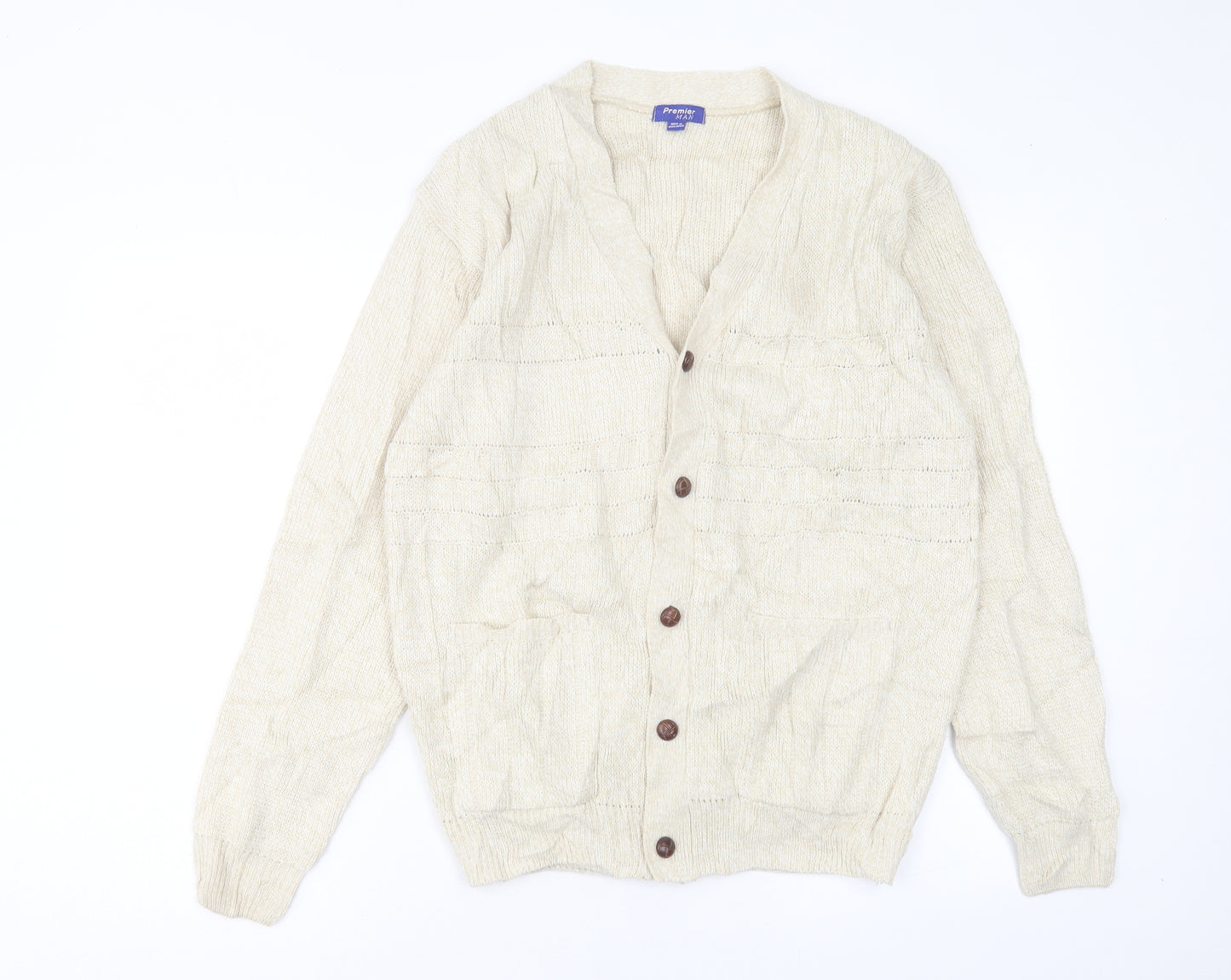 PREMIER MAN Mens Beige V-Neck Acrylic Cardigan Jumper Size S