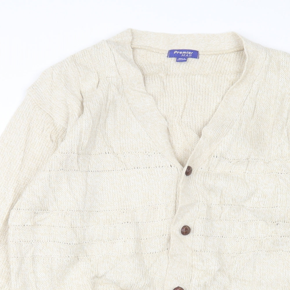 PREMIER MAN Mens Beige V-Neck Acrylic Cardigan Jumper Size S