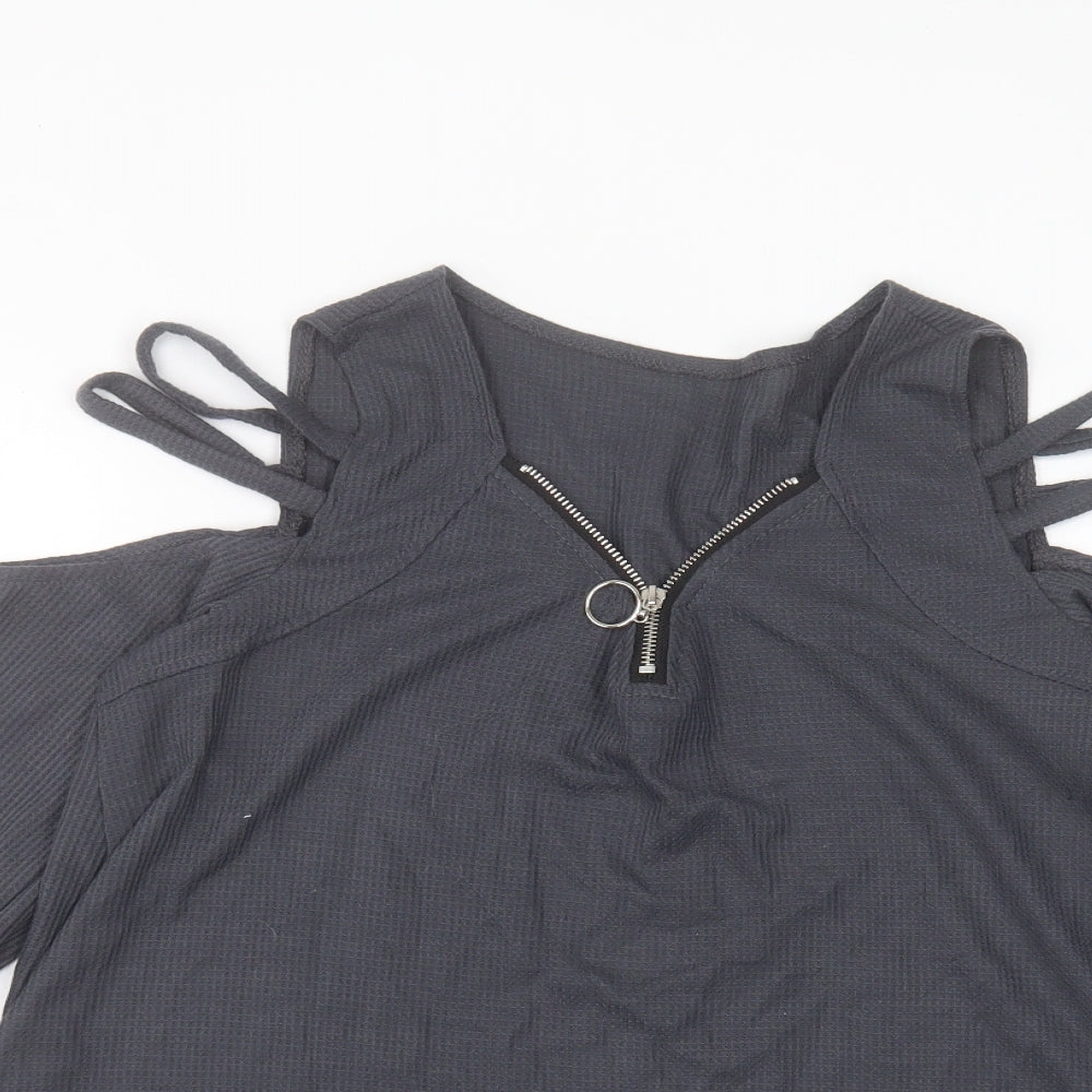 SheIn Womens Grey Polyester Tunic T-Shirt Size M V-Neck - Cold Shoulder