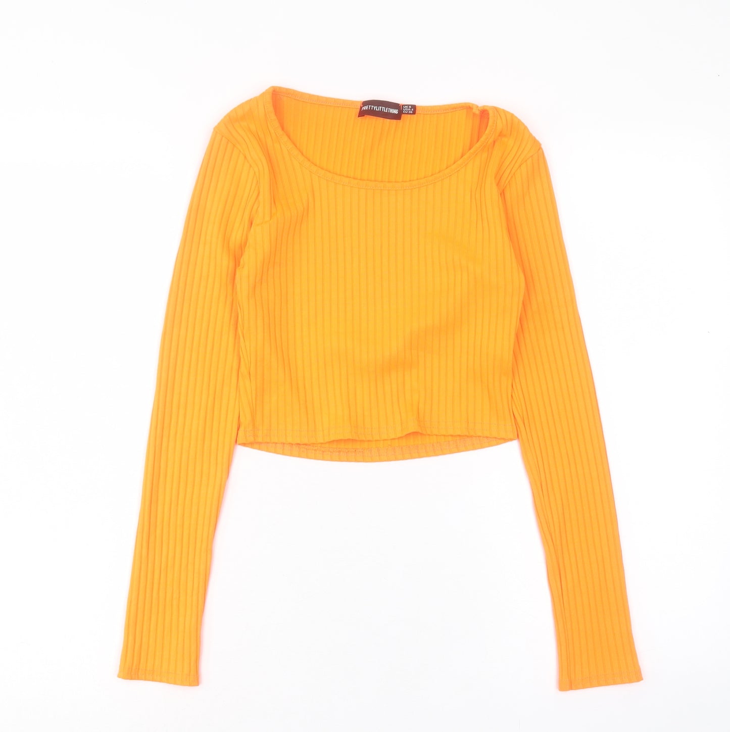 PRETTYLITTLETHING Womens Orange Polyester Cropped T-Shirt Size 8 Crew Neck