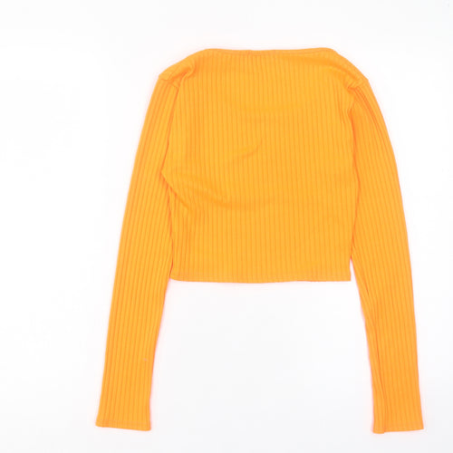 PRETTYLITTLETHING Womens Orange Polyester Cropped T-Shirt Size 8 Crew Neck